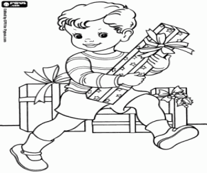 Coloriage L'enfant et les cadeaux de Noël