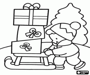 Coloriage L'enfant et le traîneau avec les cadeaux
