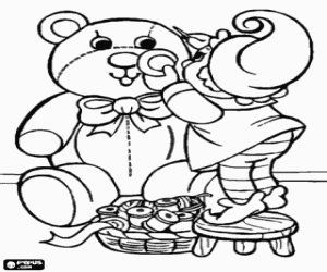 Coloriage L'ours en peluche et un elfe du père Noël
