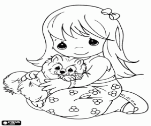 Coloriage L'étreinte de la jeune fille et le chaton