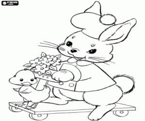 Coloriage Lapin de Pâques avec son trottinette