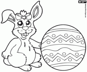Coloriage Lapin de Pâques avec œuf et ruban