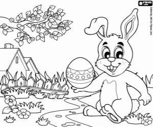 Coloriage Lapin de Pâques, oeuf de Pâques et maisons