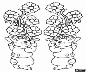 Coloriage Lapins et bouquets de fleurs, Pâques