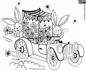 Coloriage Deux lapins de Pâques en voiture