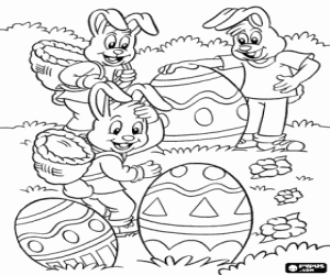 Coloriage Lapins heureux et oeufs de Pâques