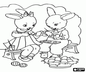 Coloriage Les lapins et les oeufs de Pâques