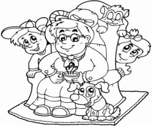 Coloriage Les petits-enfants avec la grand-mère