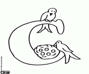 Coloriage Lettre C avec deux petits oiseaux et un nid
