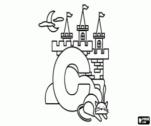 Coloriage Lettre C avec un château et un chat