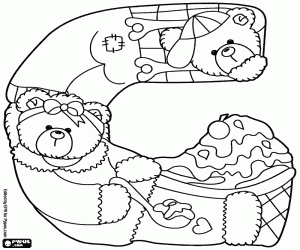 Coloriage Lettre G, deux ours et gâteau glacé