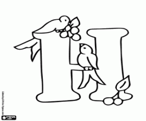 Coloriage Lettre H avec deux petits oiseaux