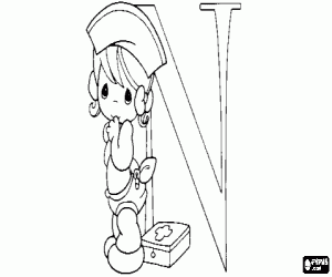 Coloriage Lettre N avec une bébé infirmière