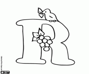 Coloriage Lettre R, un oiseau et fruits