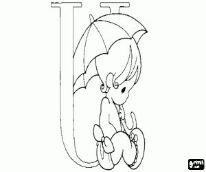 Coloriage Lettre U avec un bébé et un parapluie