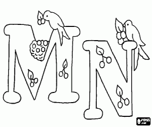 Coloriage Les lettres M et N avec oiseaux