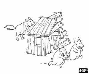 Coloriage Le loup et la maison en bois