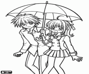Coloriage Luchia et Kaito avec un parapluie