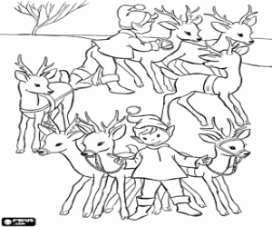 Coloriage Lutins de Noël avec les rennes