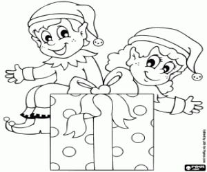 Coloriage Lutins de Noël avec un cadeau