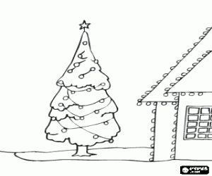 Coloriage Maison et arbre avec lumières de Noël