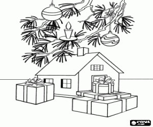 Coloriage Maison de poupée sous le sapin de Noël
