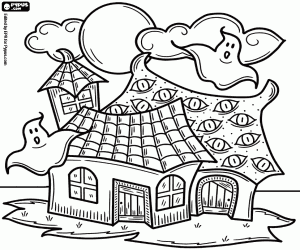 Coloriage Maison hantée, scène d'Halloween