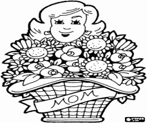 Coloriage Maman avec un beau bouquet de fleurs