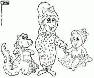Coloriage Maman préhistorique, le bébé et dino
