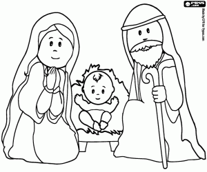 Coloriage Marie, Joseph et Jésus dans la crèche