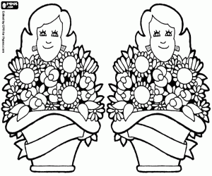 Coloriage Deux mères avec deux paniers de fleurs