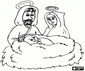 Coloriage Nativité, Jésus enfant avec ses parents