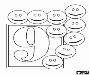 Coloriage Neuf smileys et le chiffre 9