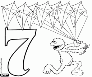 Coloriage Numéro 7 et Grover avec sept cerfs-volants
