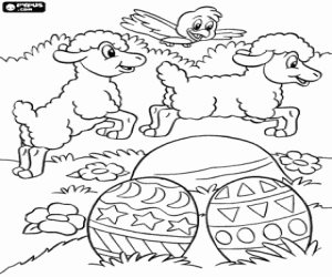 Coloriage Oiseaux, des agneaux et des oeufs de Pâques