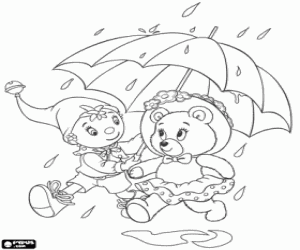 Coloriage Oui-Oui et Mirou avec un parapluie