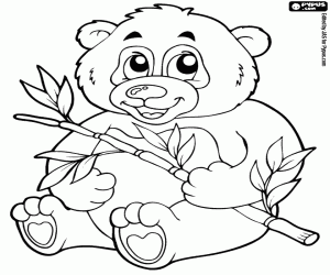 Coloriage Ours de panda avec une canne en bambou