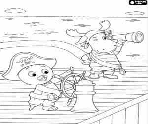 Coloriage Pablo et Tyrone sur un bateau pirate