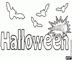 Coloriage Panneau d’Halloween et chauves-souris