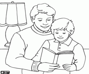 Coloriage Papa aider son enfant à lire