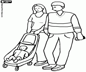 Coloriage Parents avec bébé en poussette