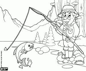 Coloriage Paysage avec un pêcheur sur un lac