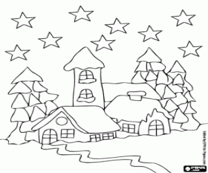 Coloriage Paysage de Noël, maisons et forêt