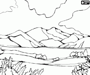 Coloriage Paysage de plaine et de montagne