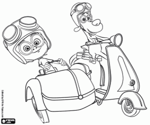 Coloriage Peabody et Sherman sur la moto sidecar