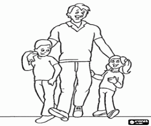 Coloriage Père de marche avec ses enfants, un garçon et une fille