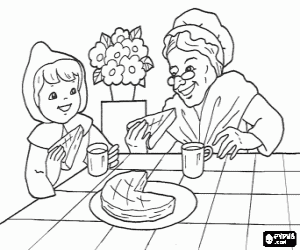 Coloriage Le Petit Chaperon, grand-mère et gâteau