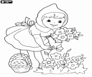 Coloriage Le Petit Chaperon rouge et les fleurs