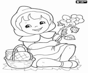 Coloriage Petit Chaperon Rouge et fleurs du forêt