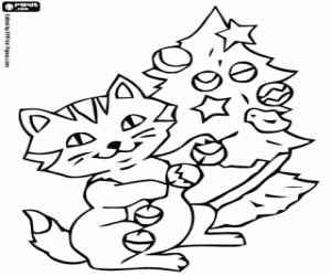 Coloriage Petit chat et arbre de Noël